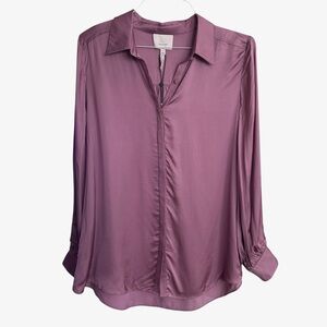 Cinq a Sept Women’s Kandice Satin Long Sleeve Button Down Blouse, Purple XL, NWT